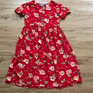 Vintage Red Floral Rayon T-Length Dress